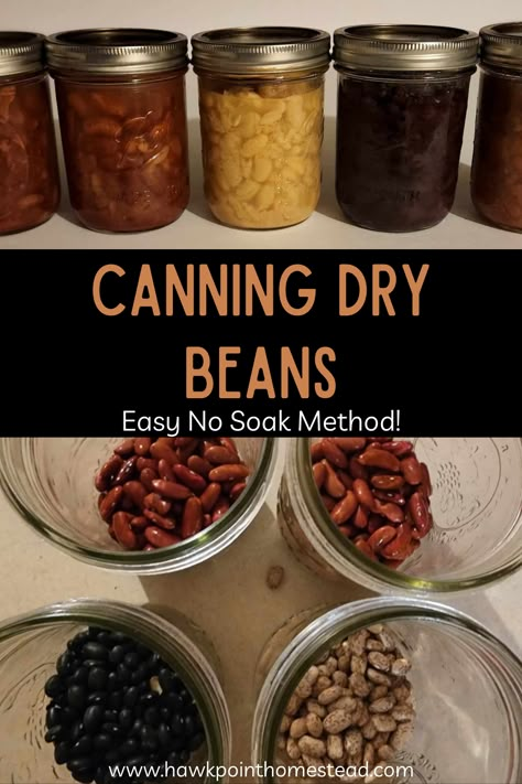 This easy recipe for canning dry beans without soaking is a great, inexpensive method to have all kinds of dry beans on your shelves for use anytime. Canning dry beans saves money, but it is also healthier than buying canned beans from the grocery store, because you know what is going into your beans. No preservatives are added, plus you can season the beans to your preference. Cumin, chili powder, jalapenos – whatever you desire can be added to your jars of beans when canning at home. Canning Dried Beans Without Soaking, Pressure Canning Dry Beans, Canning Refried Beans Recipe, How To Can Kidney Beans, Canning Northern Beans, How To Can Chili Beans, Canned Chilli Beans Recipe, Freeze Dried Chili, Canning Dry Beans Without Soaking