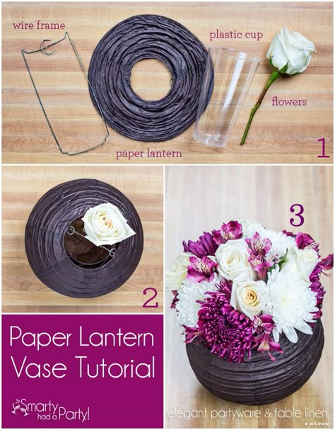 Paper lanterns are fun and vibrant party accessories, but we're taking them to the next level with this creative centerpiece idea! You can easily turn lanterns into gorgeous vases with this tutorial. When filled with flowers, a paper lantern vase makes for such an elegant presentation, sure to be a showstopper at your next event or wedding. What you need: paper lanterns (includes wire frame) -… Lantern Vase, Affordable Wedding Centerpieces, Creative Centerpieces, Paper Lanterns Diy, Tafel Decor, Diy Event, Paper Lantern, Diy Centerpieces, Deco Floral