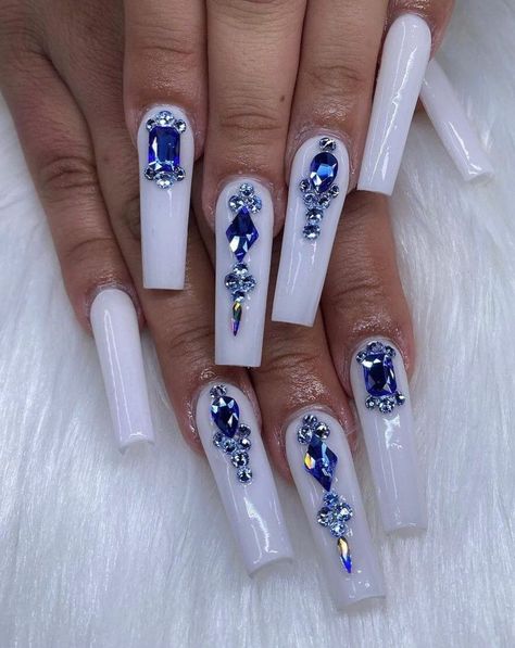 White long square nails with blue rhinestones Blue Diamond Nails, Future Nails, Quinceanera Nails, Blue And White Nails, Milky Nails, Long Acrylic Nail Designs, Blue Acrylic Nails, Swarovski Nails, Nails Design With Rhinestones