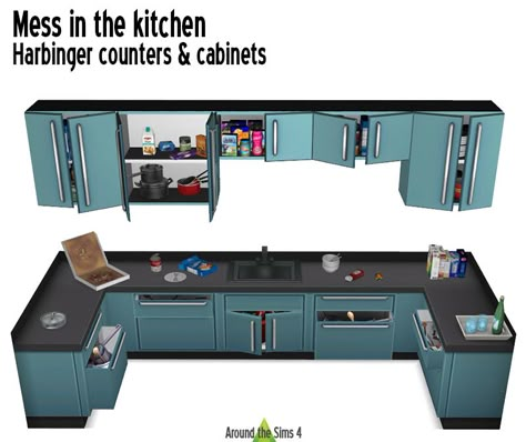 Around the Sims 4 | Custom Content Download | Messy Harbinger kitchen Maxis Match Clutter Sims 4, Messy Sims 4 Cc, Sims 4 Messy Clutter, Sims 4 Kitchen Clutter, Sims Kitchen, Sims Decor, Around The Sims 4, The Sims 4 Custom Content, Sims Furniture