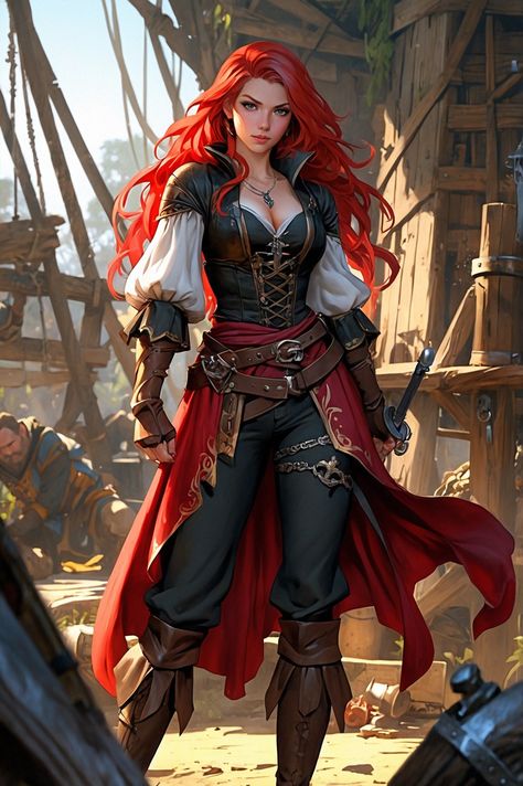 Pirate Woman Drawing, Pirate Female Art, Pirate Girl Art, Red Head Character Design, Redhead Pirate, Female Pirate Art, Dnd Pirate, Rogue Character, Female Pirate