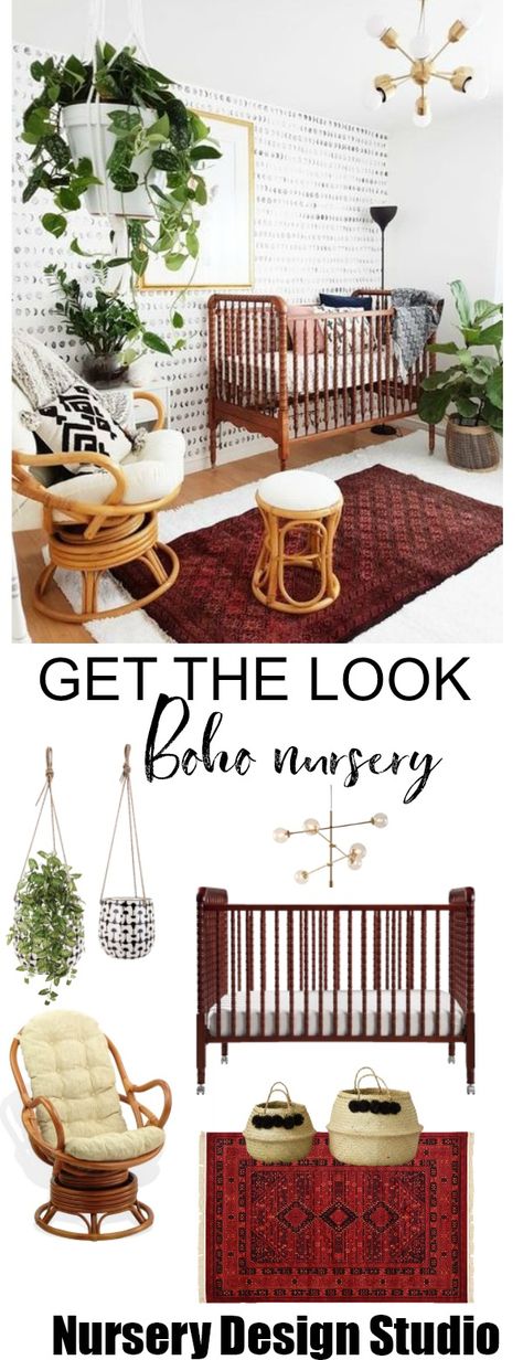 Bohemian and earthy wares inspired this nursery design. We love how casual and inviting the nursery is while going big on bohemian vibes. The natural materials, greenery and the layering of textures are impressive. The wallpaper and the vintage rug grounds the space making it a beautiful earthy bohemian nursery. #bohonursery #bohemiannursery Earthy Bohemian, Bohemian Nursery, Birthing Classes, Office Nursery, Unisex Nursery, Bohemian Vibes, Baby Sleep Problems, Nursery Organization, Baby Arrival