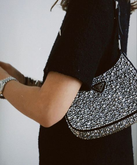 Rhinestone Bag Outfit, Prada Rhinestone Bag, Bag Wishlist, Rhinestone Bag, Prada Purses, Bag Outfit, Bag Obsession, Rhinestone Fashion, Outfit Look