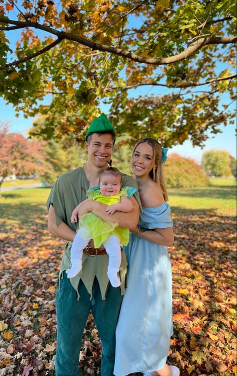 Tinker Bell Family Halloween, Cute Family Of Three Halloween Costumes, Tinkerbell Wendy And Peter Pan Costume, Family Costumes With Newborn, Peterpan Halloween Family, Tinker Bell Family Costume, Tinkerbell Family Costume, First Family Halloween Costumes, Halloween Costume Ideas Family Of 3