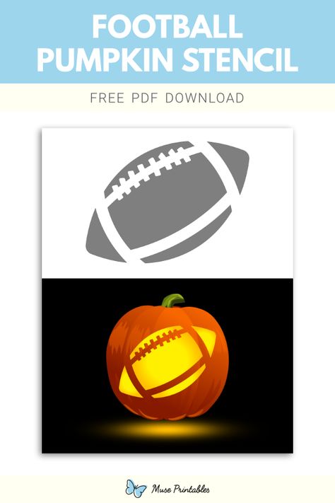 Free printable football stencil for pumpkin carving. Download it at https://museprintables.com/download/pumpkin-stencil/football/ Sport Pumpkin Carving Ideas, Nfl Pumpkin Carving Stencils, Football Carving Pumpkin, Football Carved Pumpkin, Football Pumpkin Stencil, Football Pumpkin Carving Ideas, Sports Pumpkin Carving Ideas, Pumpkin Carving Ideas Football, Football Stencil Templates