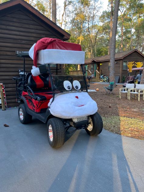 A golf cart transformed into Santa Clause for the holiday season! Golf Cart Decorating Ideas Police Car, Golf Cart Decorated For Christmas, Golf Cart Xmas Decorations, Christmas Decorated Golf Cart Ideas, Golf Cart Decorations For Christmas, Golf Cart Christmas Decorations, Christmas Golf Cart Parade Ideas Easy, Christmas Golf Cart Decorating Ideas, Decorate Golf Cart For Christmas