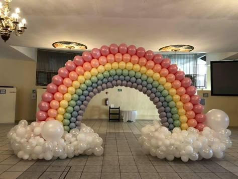 Rainbow Balloon Arch Tutorial, Rainbow Balloon Ring Arch, Rainbow Balloon Arch With Clouds, Pastel Rainbow Balloons, Pride Rainbow Balloon Arch, Care Bears Birthday Party, Care Bear Birthday, Rainbow Party Decorations, Rainbow First Birthday