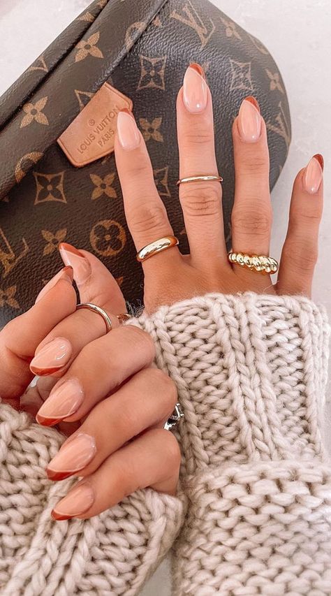 14. Brown Double French Side Tip Nails As much as we love summer and have to say goodbye and autumn is waving to say... Side Tip Nails, Autumn Nail Colours, Oval Nails Designs, Autumn Nail, Nail Colours, Burgundy Nails, Tip Nails, Colorful Nail Designs, Nails Fall