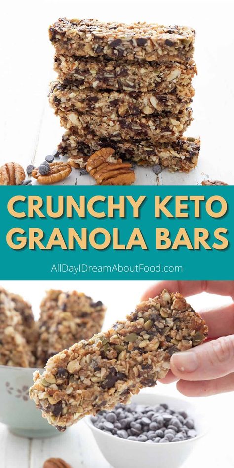 These easy keto granola bars are sweet, salty, and delicious. Chockfull of healthy nuts and seeds, they're one of my favorite keto snacks! Keto Granola Bars, Healthy Nuts And Seeds, Low Carb Granola Bars, Low Carb Granola, Keto Granola, Keto Bars, Healthy Nuts, Keto Diet Food List, Low Carb Breakfast Recipes