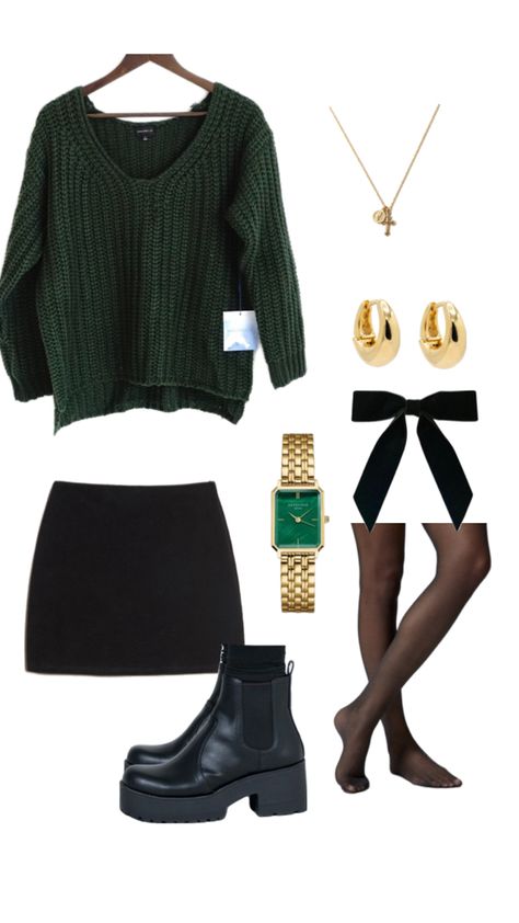 Outfit Ideas Slytherin, Dark Green Christmas Outfit, Slytherin Party Outfit, Modern Slytherin Outfit, Dark Green Outfit Ideas, Dark Green Outfits, Forest Green Outfit, Slytherin Aesthetic Outfit, Dark Green Outfit