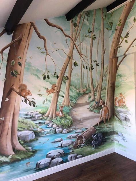 Diy Forest Mural Nursery, Murals For Nursery, Forest Wall Mural Painted, Enchanted Forest Kids Room, Enchanted Forest Mural, Nature Murals, Fairy Mural, Disney Wall Murals, Kids Jungle Room