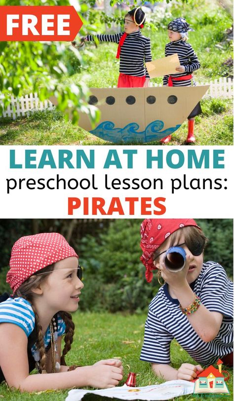 This engaging pirate preschool theme is full of ways to infuse pirates with your preschoolers, and all in tidy printable pirate-themed lesson plans. Here you'll find 15+ ideas for a pirate preschool theme, including book lists, art and sensory play, literacy activities, and some math and science fun. Pirate Preschool Activities, Pirate Activities Preschool, Pirate Preschool, Pirate Activities, Toddler Lessons, Lesson Plans For Toddlers, Dramatic Play Preschool, Math And Science, Summer Preschool