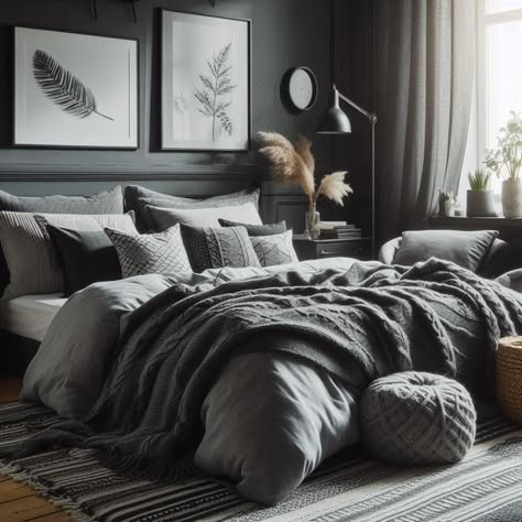 Dark Gray Duvet Bedroom Ideas, Dark Grey Master Bed, Bedding For Dark Gray Walls, Dark Grey Furniture Bedroom, Gray Room Ideas Bedroom Aesthetic, Grey Bed Frame Bedroom Ideas Aesthetic, Grey Bedsheets Aesthetic, Grey Apartment Aesthetic, Grey Color Palette For Home