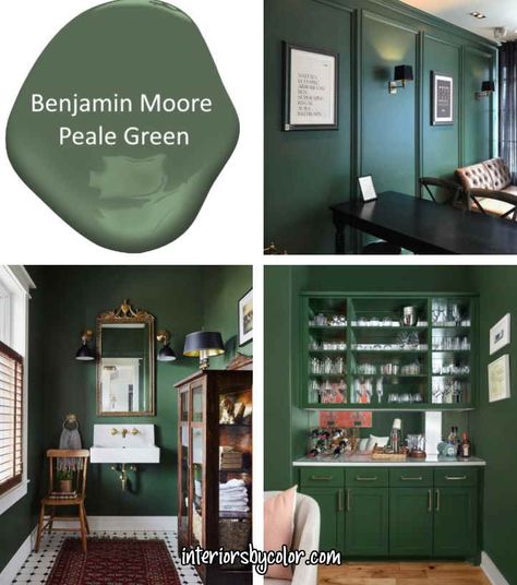 Benjamin Moore Peale Green Paint Color - Interiors By Color Benjamin Moore Essex Green Bathroom, Dark Green And Teal Bedroom, Peale Benjamin Moore, Colonial Verdigris Benjamin Moore, Bm Peale Green, Benjamin Moore Chimichurri Cabinets, Green Bathroom Benjamin Moore, Benjamin Moore Green Kitchen, Benjamin Moore Green Bathroom