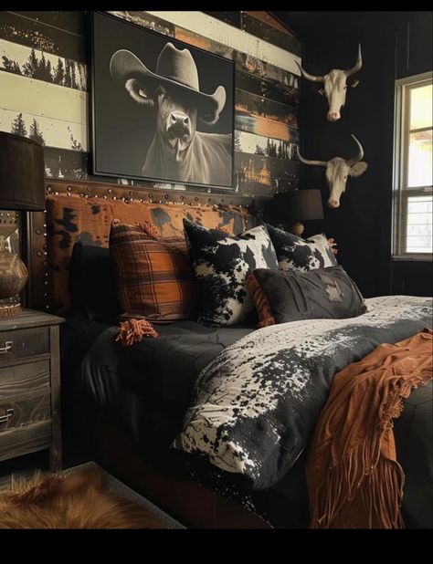 Emerald Green Western Bedroom, Western Bedroom Curtain Ideas, Black And Brown Western Bedroom, Soft Western Bedroom, Western Green Bedroom, Country Boy Room Ideas, Western Bedroom Ideas For Teens, Country Bedroom Ideas For Teenagers, Dark Western Bedroom