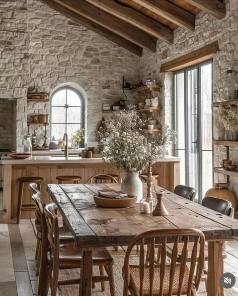 Modern Rustic Decor, Casas Coloniales, Italian Home, Farmhouse Dining Table, Rustic Living, Stone Houses, June 22, Farmhouse Dining, Wood Chair