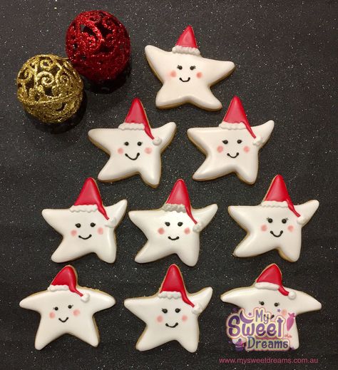 Santa Star Cookies, Star Santa Cookies, Star Sugar Cookies Decorated Christmas, Decorated Star Cookies, Christmas Star Cookies Decorated, Gingerbread Men Cookies, Star Cookies Decorated, Christmas Sugar Cookies Easy, Ginger Cookies Christmas