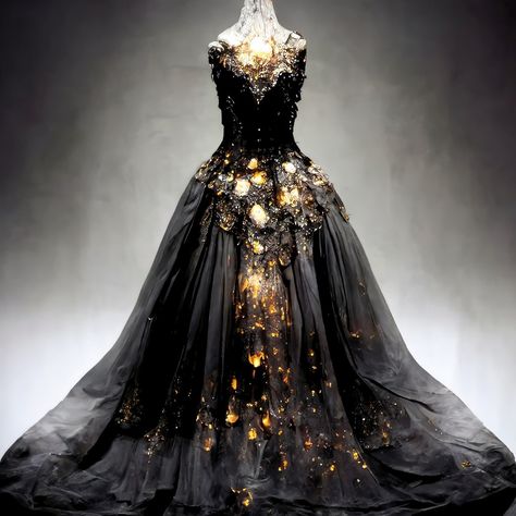 Black ballgown with glowing gold highlights and detail to resemble lightning. Wolf Protecting, Lightning Dress, Firefly Dress, Joel Sunny, Designer Dresses Gowns, Lady Butterfly, Purple Lightning, Ball Ideas, Lightning Strike