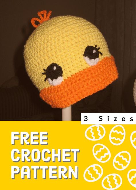 Are you looking to make something super cute and easy for a speacial little one for Easter?  This adorable crochet duck hat is perfect for warmer spring days! This free crochet pattern is available on my blog for sizes newborn to 3 years of age. This little chick cap will keep the sun out of your little ones eyes and is perfect for the summer too! Make sure to add it to your favourite crochet board now. #crochetduckhat #springcrochet #freecrochetpattern #freeeastercrochet #crochetchickpattern Duck Hat Crochet, Crochet Preemie Hats, Duck Hat, Crochet Labels, Crochet Duck, Crochet Baby Hat Patterns, Crochet Eyes, Pretty Hats, Basic Stitches