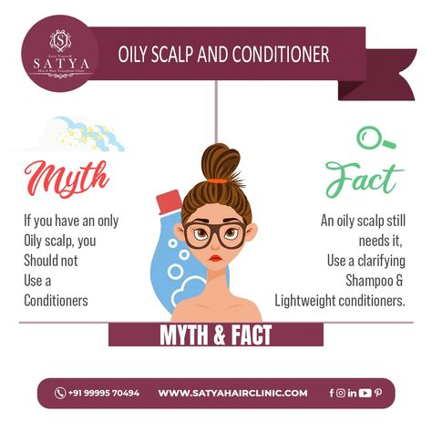 Many people face hair issues. With a plethora of hair treatments available in the market, there is one thing that comes along with it i.e., RUMORS, MYTH Today we are going to bust one of the myths regarding hair!!! MYTH: If you have only Oily scalp, you should not use a conditioner FACT: Using conditioner on the oily scalp is a necessary step. You shouldn't skip it at any cost. Oily scalp still needs it, use a clarifying Shampoo & lightweight conditioners. Conditioners provide a healthy Myth And Fact, Hair Myth, Skip It, Hair Issues, Oily Scalp, Hair Treatments, Clarifying Shampoo, Oily Hair, Scalp Massage