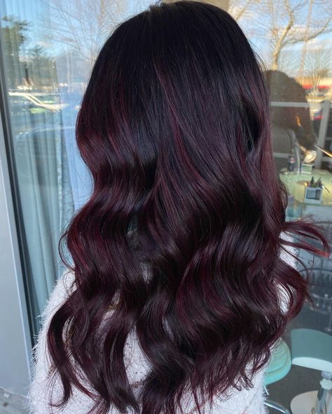 Black Hair With Mahogany Highlights, Dark Wine Balayage, Deep Wine Balayage Hair, Black Hair With Red Undertones, Mahogany Balayage On Black Hair, Reddish Black Hair, Dark Red Almost Black Hair, Dark Mahogany Hair, Mahogany Balayage