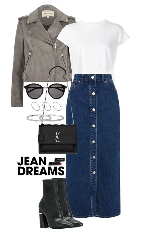 "DENIM SKIRTS" by dayanakriv ❤ liked on Polyvore featuring River Island, RE/DONE, Yves Saint Laurent, ASOS, Cartier, 3.1 Phillip Lim, Bobbi Brown Cosmetics and denimskirts Innovative Dress, Denim Dress Style, Pentecostal Fashion, Denim Fashion Women, Womens Denim Dress, Fashion Drawing Dresses, Trendy Denim, Effortlessly Chic Outfits, Dress Denim