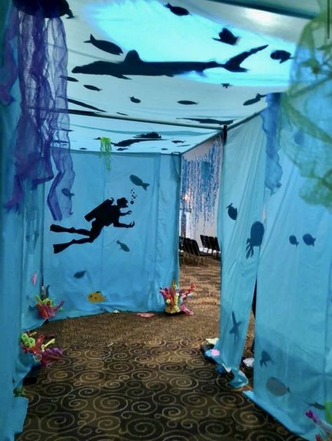 Scuba Diving Decorations, Jonah Vbs Decorations, Underwater Halloween Decorations, Scuba Vbs Crafts, Under The Sea Hallway Decorations, Breaker Rock Beach Vbs Decorations, Under The Sea Vbs Decorations, Vbs Decorating Ideas Breaker Rock Beach, Submarine Decor