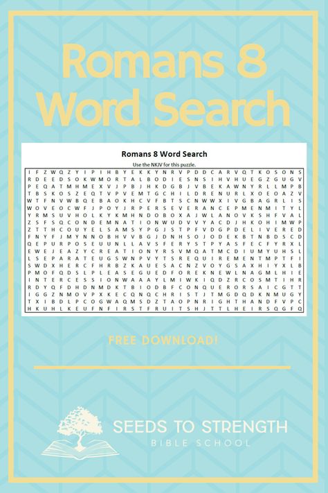 A word search puzzle on Romans 8! This is a perfect activity for a Kids Bible class or as part of a home Bible study. Home Bible Study, Roman Words, Bible Word Searches, Free Word Search, Story Crafts, Strength Bible, Abc Cards, Bible Story Crafts, Kids Bible