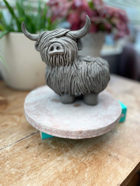 This handsome chap is for a commission #wonkypotter Highland Cow Clay Sculpture, Pinch Pot Animals Ceramics, Pottery Animals Handbuilt, Cow Pottery, Clay Sphere, Clay Gnomes, Animal Ceramics, Horse Ceramic, Cool Pottery