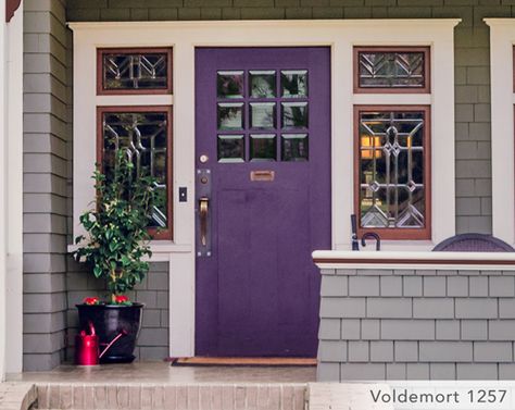 What Your Front Door Color Says About You | Diamond Vogel Front Foor, Gray Siding, Purple Front Doors, Front Door Color, Metal Roof Houses, Grey Siding, Door Colors, Purple Door, Exterior Stain