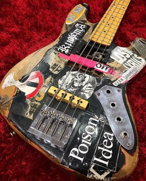 Bass With Stickers, Bass Guitar Stickers, Stickers On Guitar, Custom Guitars Electric, Acoustic Guitar Design, Punk Guitar, Relic Guitar, Custom Bass Guitar, Custom Bass