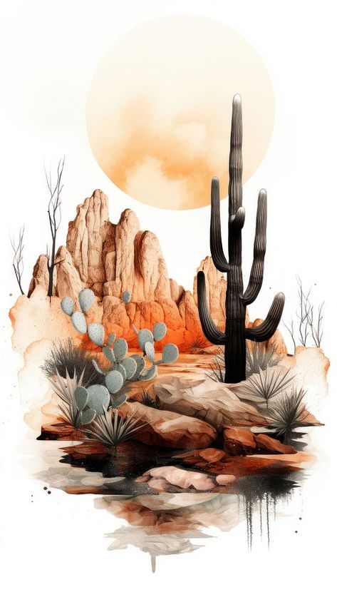 Cactus outdoors nature desert. | free image by rawpixel.com / Boom Cactus Desert Tattoo, Western Landscape Wallpaper, Desert Phone Wallpaper, Cactus Desert Painting, Watercolor Western Landscape, Desert Scene Illustration, Cactus Sunset Wallpaper, Cactus Desert Watercolor Painting, Desert Cactus Background