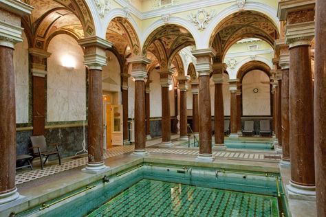 The Royal Baths at hotel and spa Nove Lazne in Marienbad, Czech. (The Danubius Hotels Group) http://www.theepochtimes.com/n2/life/pampered-in-prague-and-the-spa-town-of-marienbad-290369.html #spa Natural Ponds, Roman Bath House, Aesthetic Bath, Indoor Pools, Chalet Interior, Travel Wishes, Brick Construction, Health Spa, Natural Pond