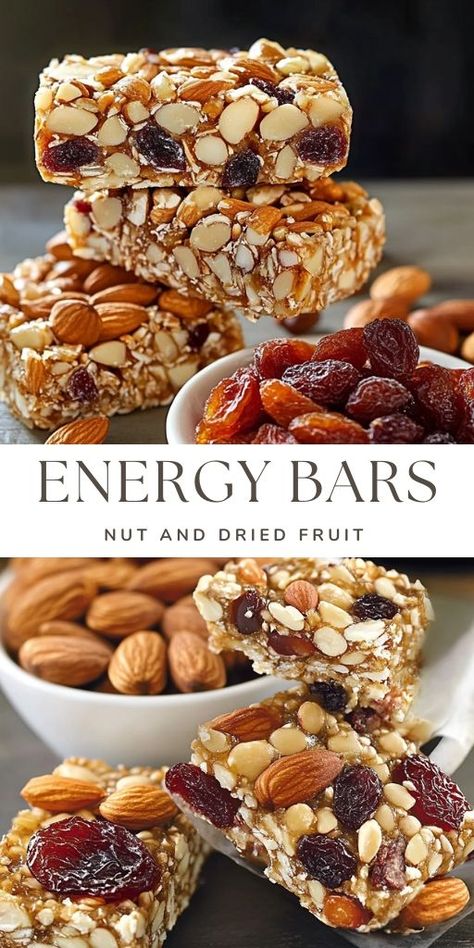 Nut and Dried Fruit Energy Bars Ingredients: 50 g almonds (1.7 oz) 50 g walnuts (1.7 oz) Ingredients 50 g almonds (1.7 oz) 50 g walnuts (1.7 oz) 30 g sunflower seeds (1 oz) 120 g dates, pitted (4.2 oz) 100 g dried apricots (3.5 oz) #Energy #bars Medjool Date Recipes Healthy Energy Bars, Healthy Nut Snack Recipes, Fruit And Nut Granola Bars, Healthy Dried Fruit Snacks, Oatmeal Nut Bars, Fruit And Nut Bars Homemade, Homemade Nut Bars, Date Energy Bars Recipe, Healthy Nut Bars Recipe