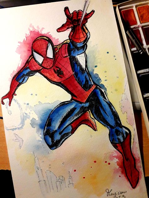 Spiderman Watercolor Art, Spiderman Watercolor, Sketchbook Idea, Flowers Paintings, Painting Inspo, Watercolor Flowers Paintings, Art Characters, Spiderman Art, Watercolor Drawing