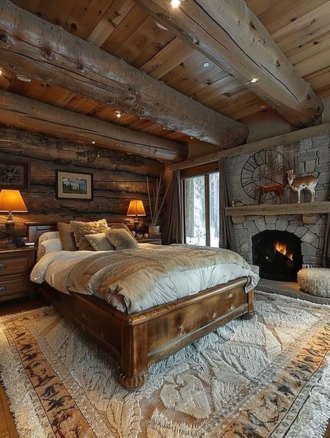 Modern Rustic Bedrooms, Log Cabin Living, Cabin Bedroom, Log Home Decorating, Log Cabin Decor, Rustic Bedroom Decor, Log House, Cabin Interiors, Cabin Living