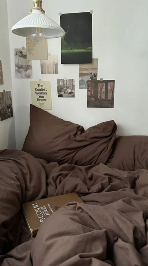 Cozy Brown Room Aesthetic, Brown Comforter Bedroom, Brown Bedsheet, Brown Room Ideas, Dark Earthy Bedroom, Brown Bed Sheets, Brown Room, Tiny Bedroom Design, Bedroom Ideas For Small Rooms Diy