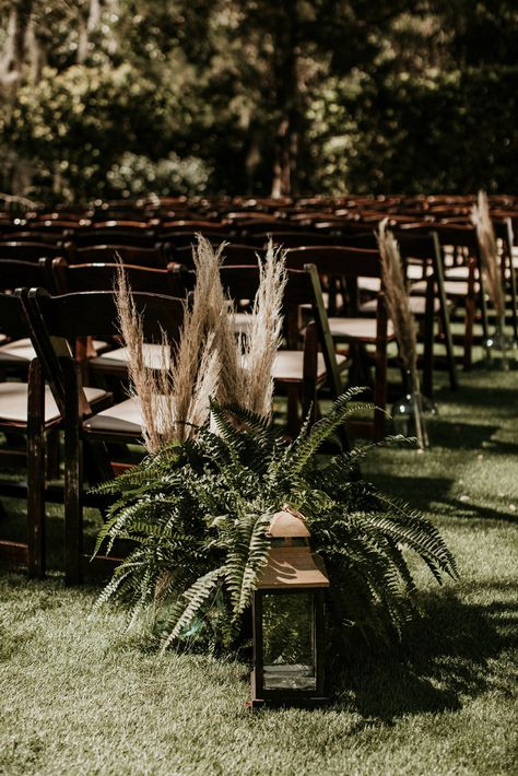 Pampas Aisle Markers, Pampas Grass And Fern Wedding, Fern Wedding Alter, Wrightsville Manor, Cottagecore Wedding, Fern Wedding, Aisle Markers, Coachella Inspiration, Big Wedding Dresses