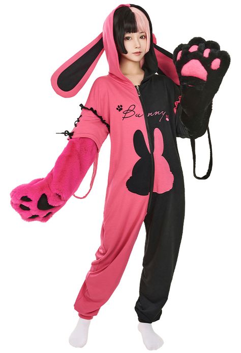 Women Onesie Pajama Claw Heart Bunny Print Loungewear Adult Hooded Homewear Kigurumi Sleepwear Kawaii Onesie, Black And Pink Heart, Emo Designs, Bunny Onesie, Paw Gloves, Cute Onesies, Movie Inspired Outfits, Amazon Baby, Bunny Outfit