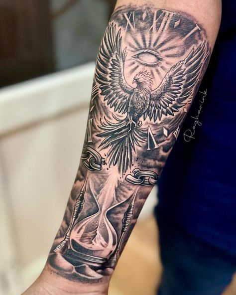 Wasting Time Tattoo, Phoenix Ashes Tattoo, Time Is Limited Tattoos, Phoenix Rising From Ashes Tattoo, Ash Tattoo, Time Boundaries, Rise Of Phoenixes, Infinite Tattoo, Chain Tattoo