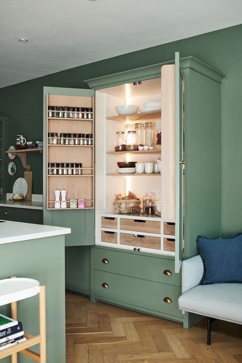 For professional organiser Claire, founder of My Favourite Space, and her husband, Alastair, reconfiguring the ground floor of their west London home afforded them a generous open plan space for family life. The challenge? Creating a kitchen that was functional and easy to keep in order, but that also worked as a whole with the rest of the room. Neptune Green Kitchen, Kitchen Neptune, Hidden Refrigerator, Swamp House, Baking Studio, Kitchen Larder Cupboard, Neptune Kitchen, Tall Kitchen Cabinets, Kitchen 2023