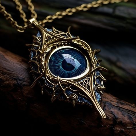 The Eye of Torm, a striking amulet, features a vigilant eye meticulously carved from blue azurite set in an elegant gold chain. Bestowed upon Hedon by Arvandus, a cleric of Torm, it was once cherished by Arvandus' late husband. The eye not only amplifies perception and intuition but also subtly vibrates when falsehoods are spoken near it. This ethereal artifact, steeped in rich history and passed down generations, now sits on Hedon's chest, its power pulsating beneath his fingers. Azurite Aesthetic, Dnd Amulet, Amulet Aesthetic, Dnd Tools, Fantasy Amulet, Magic Amulet, Artifact Art, Character Inspiration Girl, Ring Jewellery Design