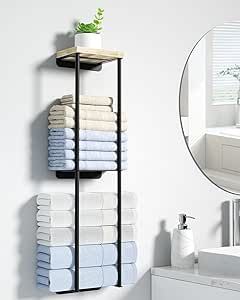 Nroech Towel Racks for Bathroom, 2 Tier Wall Towel Holder with Wood Shelf, Metal Wall Towel Rack Mounted Towel Storage for Small Bathroom Wall Towel Holder, Wall Towel Rack, Bath Towel Hanger, Small Bathroom Shelves, Toallero Ideas, Wall Towel Racks, Bathroom Towel Storage, Wall Mounted Towel Rack, Towel Shelf