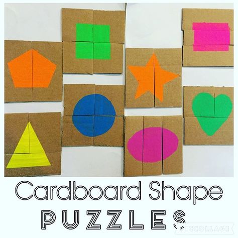 Cardboard Shape Puzzles {Bree saw me making these and she was really excited! After she wakes up she will be excited to play with them!} #cardboard #puzzles #cardboardpuzzles #shapes #shapepuzzles #shapegame #learning #learningshapes #toddlerlearning #toddlergame #earlyeducation #earlylearning Storybook Crafts, Free Kindergarten Printables, Shape Activities Preschool, Diy Kids Games, Baby Toys Diy, Shapes Preschool, Toddler Stuff, Learning Shapes, Speech Activities