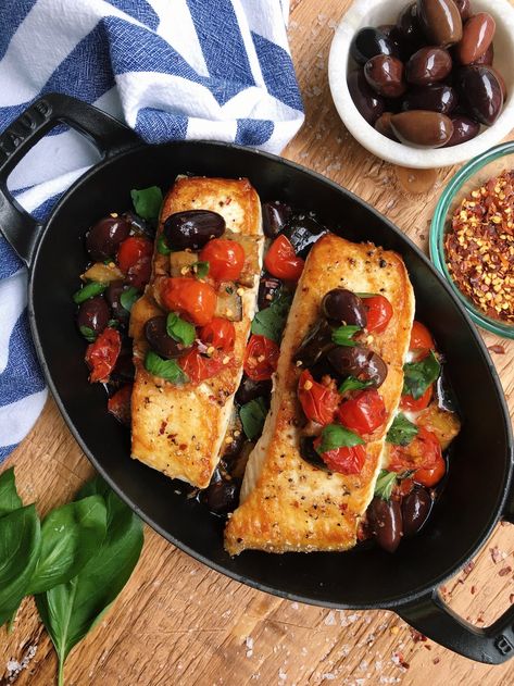 Seared Halibut with Eggplant, Tomatoes & Olives — BazaarLazarr Sheet Pan Eggs, Seared Halibut, Spicy Italian Sausage, Baby Arugula, Easy Weeknight Dinner, Dinner Inspiration, Eggplant Recipes, Free Living, Food Goals