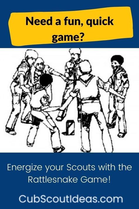 If you need a fun, quick activity to do after a passive task, energize your Scouts with the Rattlesnake Game! Scouts Activities Ideas, Team Tiger Cub Scouts Activities, Scout Games Indoor, Scout Games Outdoor, Bear Scout Activities, Scouts Games, Boy Scout Games, Joey Scouts, Boy Scout Oath