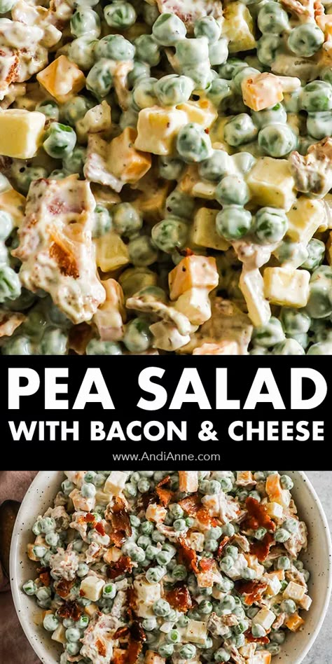 Pea salad is a creamy side dish made with peas, bacon, cheese and red onion, all smothered in a creamy sauce. Classic Pea Salad, Creamy Pea Salad, Bacon Pea Salad, Pea Salad With Bacon, Peas Bacon, Green Pea Salad, Family Lunches, Salad Recipes With Bacon, Cold Salad Recipes