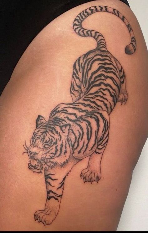 Tiger Thigh Tattoo. Tiger Tattoo For Women Hip, Tiger Tattoo Black Women, Leopard Hip Tattoo, Snow Tiger Tattoo, Tiger Side Tattoo, Tiger Thigh Tattoo For Women, Tiger Tattoo On Thigh, Tiger Hip Tattoo, Black Tiger Tattoo