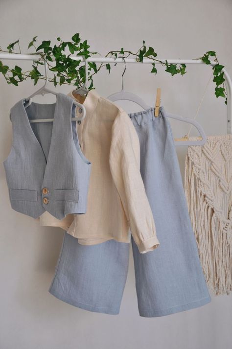 Kids Party Wear Boys, Linen Kids Clothes, Boys Linen Pants, Stylish Boy Clothes, Wide Legs Pants, Stylish Boy, Kids Party Wear, Vest And Pants, Kids Formal