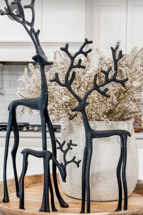 Modern Transitional Christmas Decor, Winter Home Decor 2023, Pottery Barn Reindeer, Black Reindeer Christmas Decor, Pottery Barn Christmas 2023, Diy Reindeer Decorations, Reindeer Decorations Christmas, Organic Modern Christmas, Christmas Decor 2023